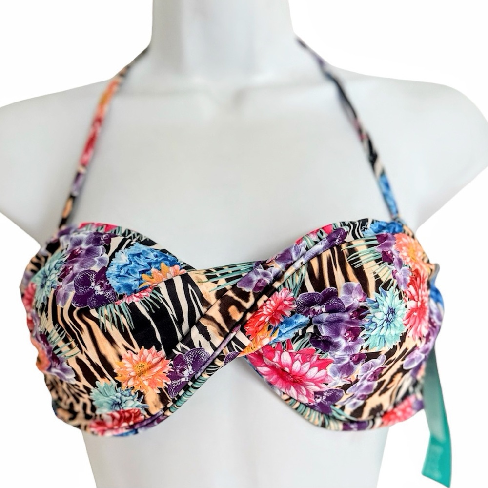 NWT Leopard Floral Bandeau Bikini Top Light Built-in Padding Removable Straps 8